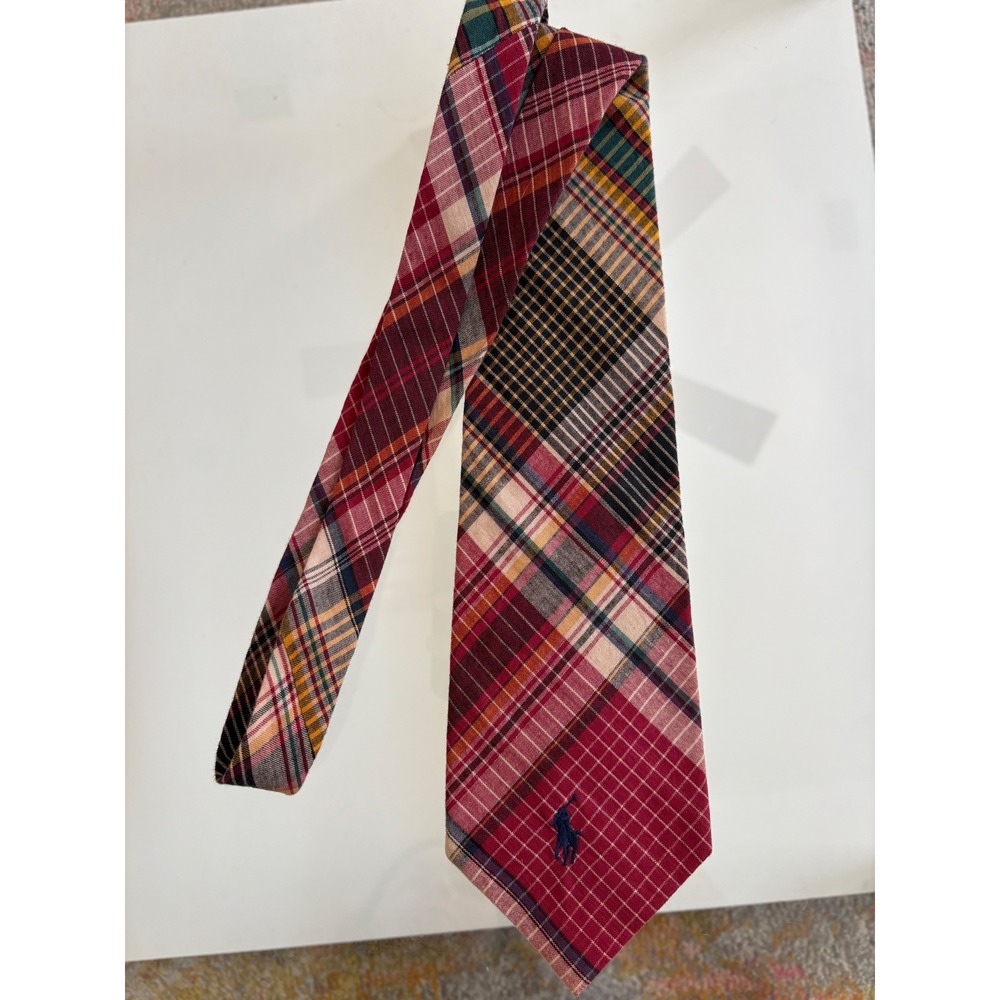 Polo Ralph Lauren Mens Plaid Cotton Necktie Red Navy Yellow Made in USA